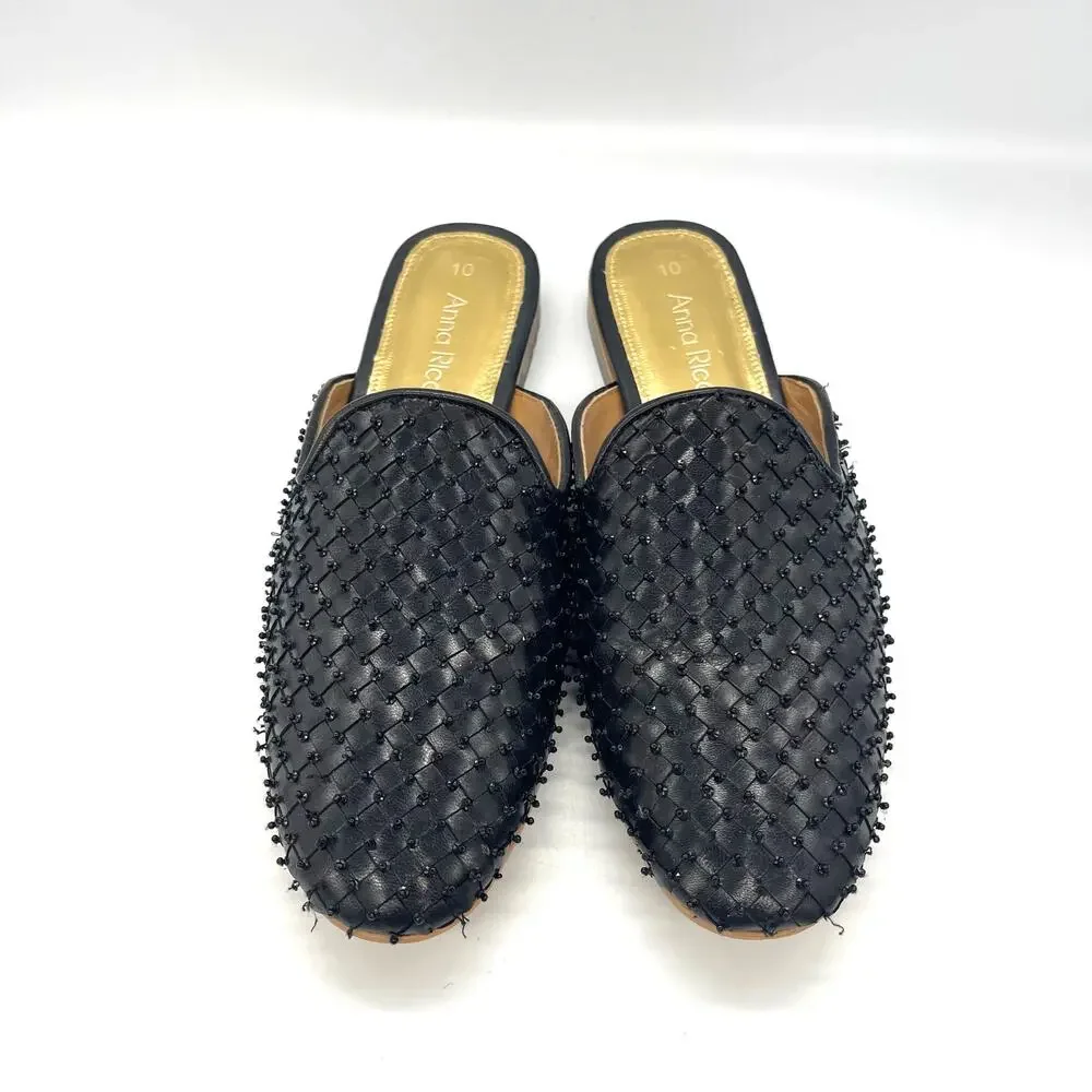 Anna Ricci Black Beaded Woven Women's Mules Size 10